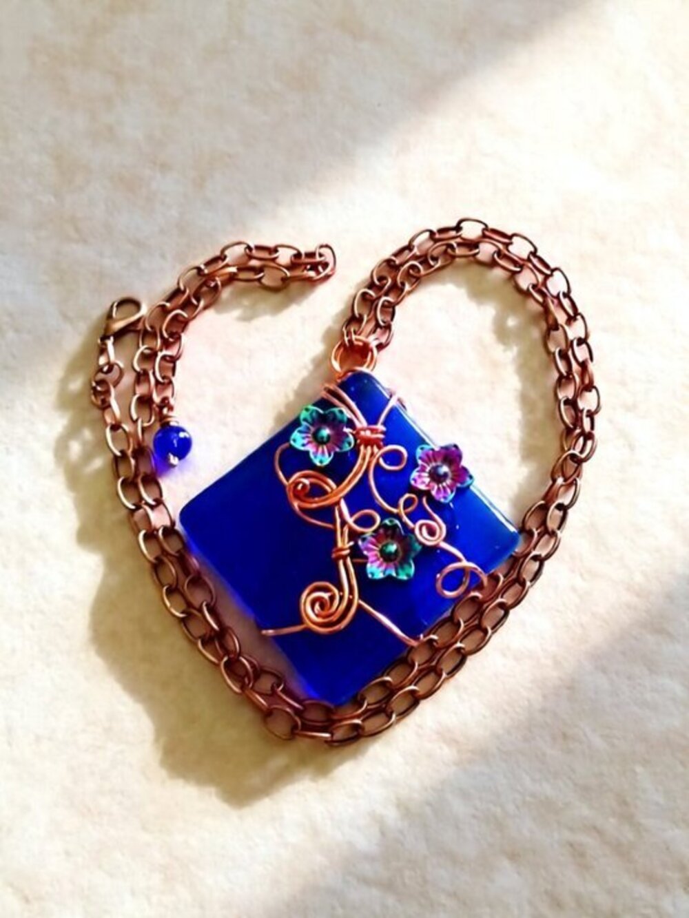 Hand Crafted: Cobalt Blue Tile with Flowers Pendant Necklace ! Floral & Feminine